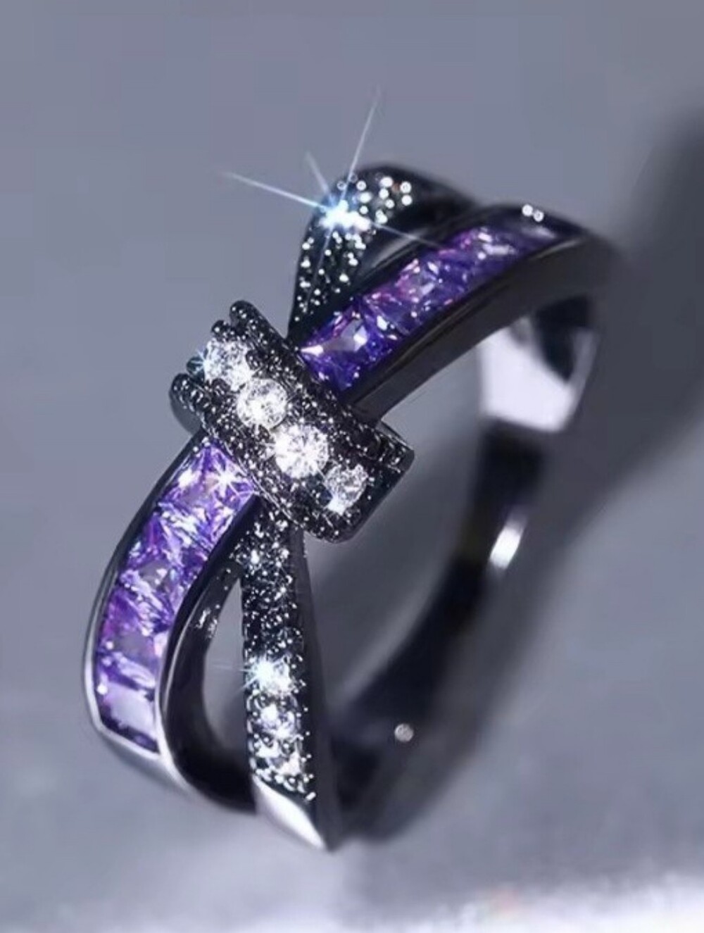 Elegant Black and Purple Amethyst Bow Knot Crystal Cross Ring Band Size 7